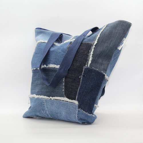 Upcycled Handcrafted Denim Jeans Blue Patched Tote Bag